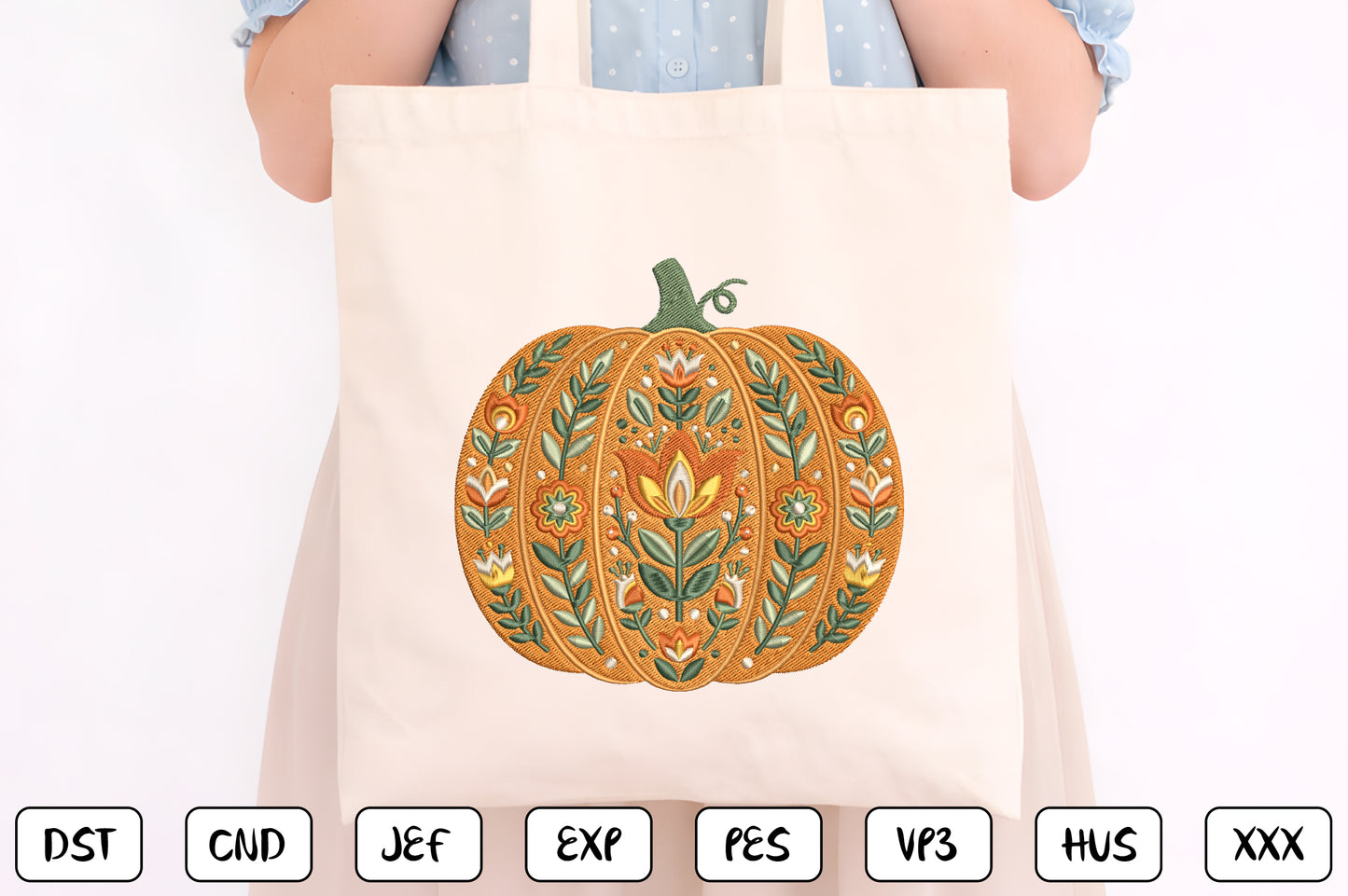 Floral Pumpkin Embroidery Design – Elegant Pumpkin & Botanical Flower Machine Embroidery Pattern, Autumn Fall Floral Embroidery Design