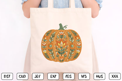 Floral Pumpkin Embroidery Design – Elegant Pumpkin & Botanical Flower Machine Embroidery Pattern, Autumn Fall Floral Embroidery Design