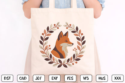 Fox Floral Embroidery Design – Beautiful Fox & Botanical Flower Machine Embroidery Pattern, Woodland Animal Floral Embroidery Design