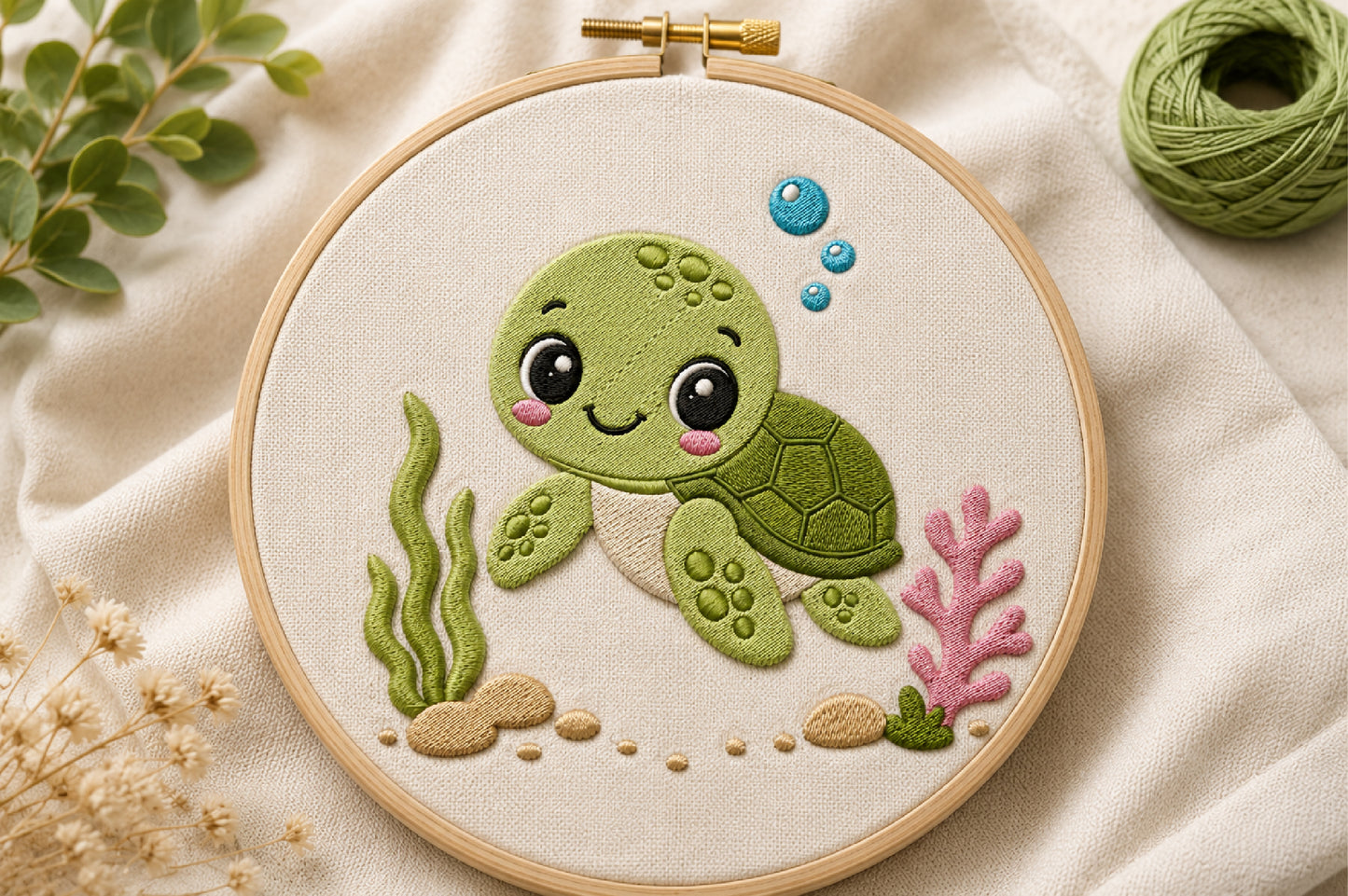 Cute Turtle Embroidery Design – Adorable Turtle Machine Embroidery Pattern, Sweet Sea Turtle & Ocean Animal Embroidery Design