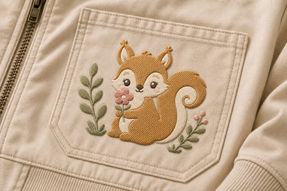 Baby Squirrel Embroidery Design – Cute Woodland Squirrel Machine Embroidery Pattern, Adorable Forest Animal Embroidery Design