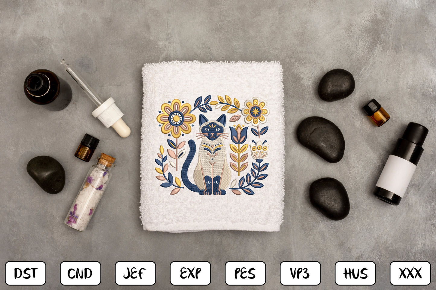 Boho Cat Floral Embroidery Design – Cute Bohemian Cat & Flower Machine Embroidery Pattern, Botanical Kitty Embroidery Design