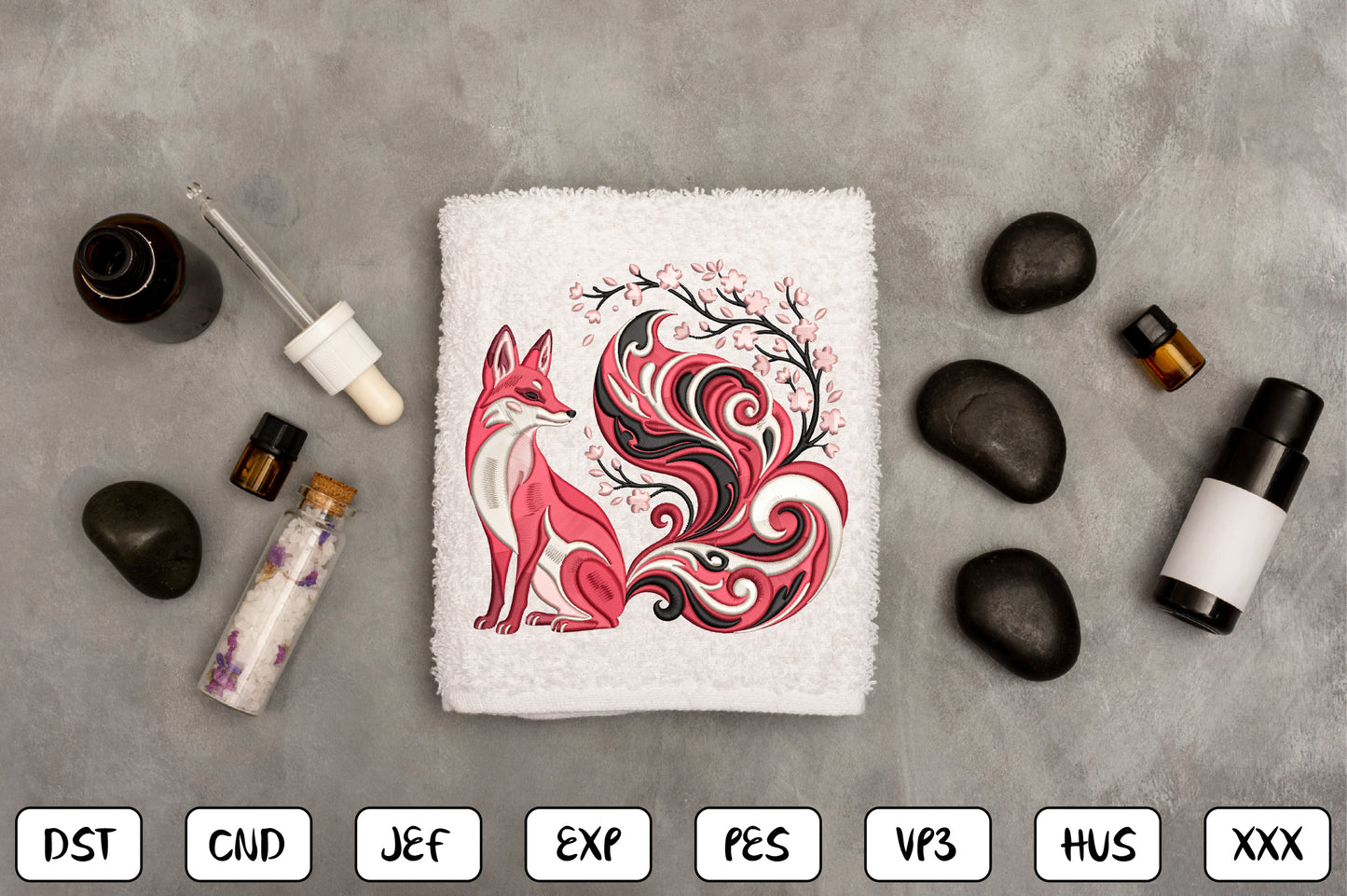 Cherry Blossom Fox Embroidery Design – Cute Woodland Fox & Sakura Floral Machine Embroidery