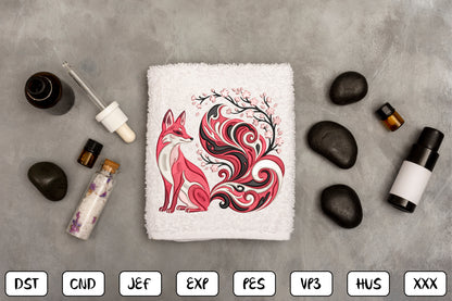 Cherry Blossom Fox Embroidery Design – Cute Woodland Fox & Sakura Floral Machine Embroidery