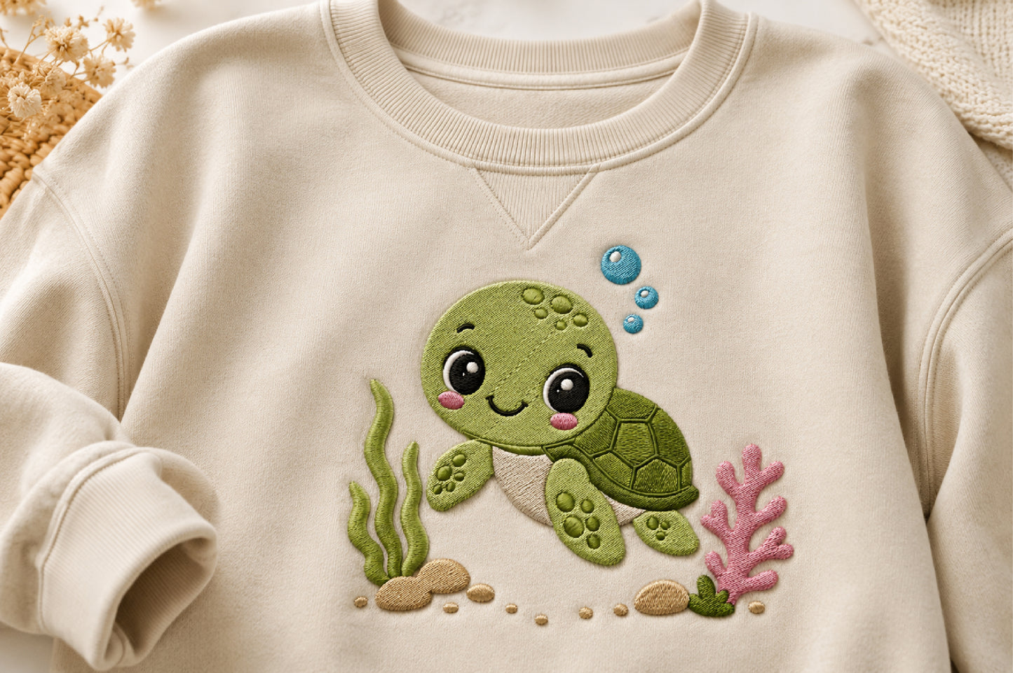 Cute Turtle Embroidery Design – Adorable Turtle Machine Embroidery Pattern, Sweet Sea Turtle & Ocean Animal Embroidery Design