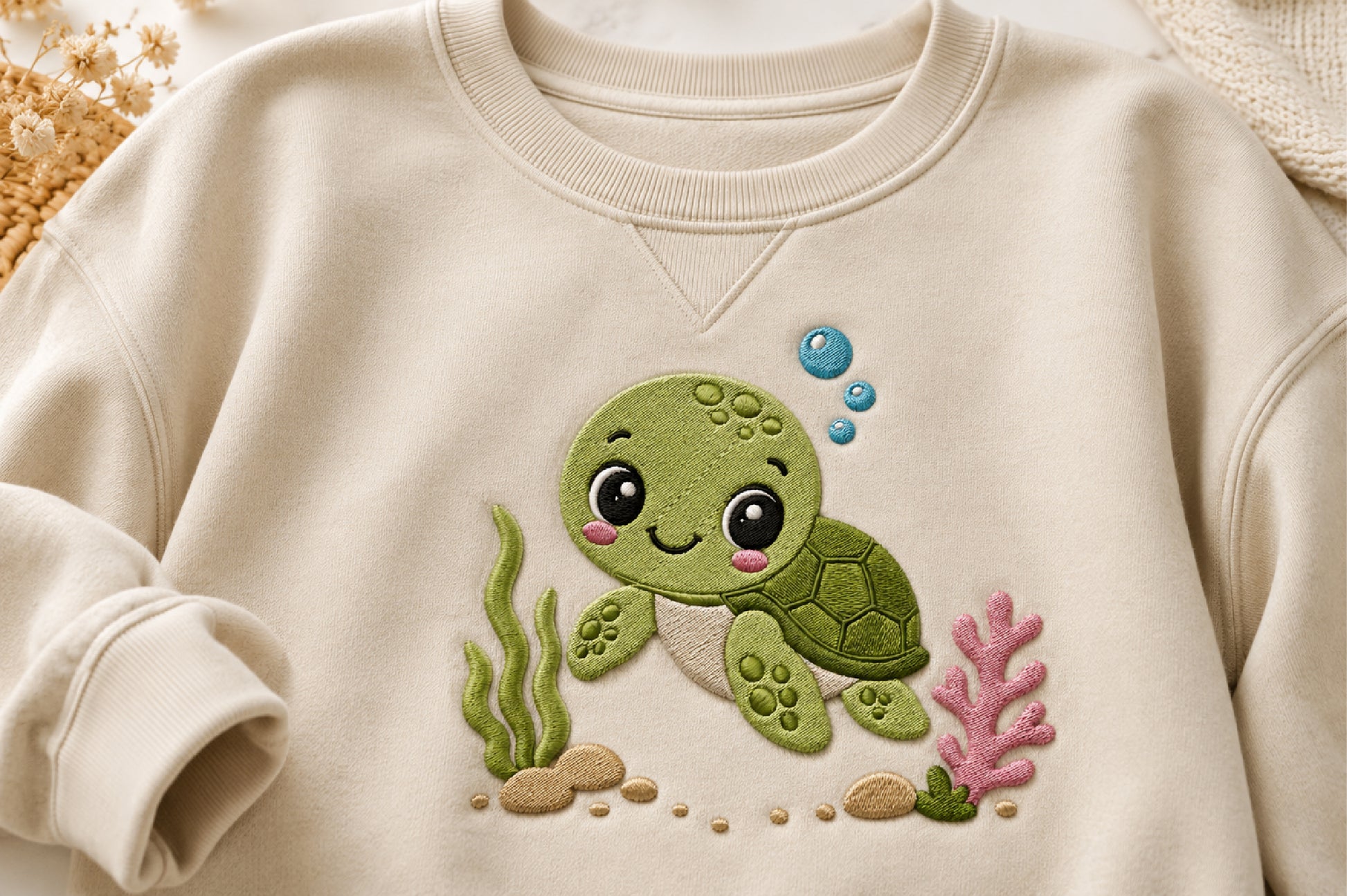 Cute Turtle Embroidery Design – Adorable Turtle Machine Embroidery Pattern, Sweet Sea Turtle & Ocean Animal Embroidery Design