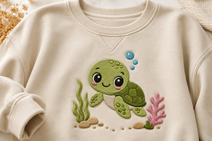 Cute Turtle Embroidery Design – Adorable Turtle Machine Embroidery Pattern, Sweet Sea Turtle & Ocean Animal Embroidery Design