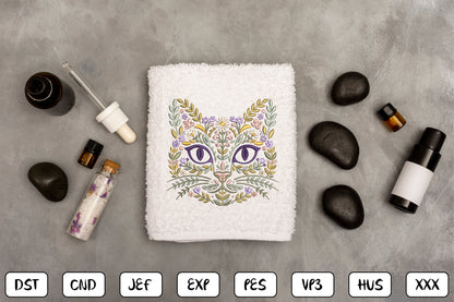 Floral Cat Face Embroidery Design – Cute Cat Face & Flower Machine Embroidery Pattern, Botanical Kitty Embroidery Design