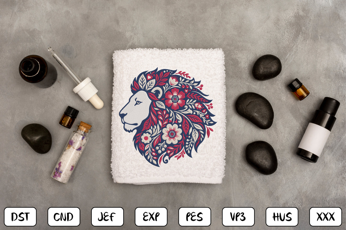 Floral Lion Embroidery Design – Majestic Lion & Botanical Flower Machine Embroidery Pattern, Wild Animal Floral Embroidery Design