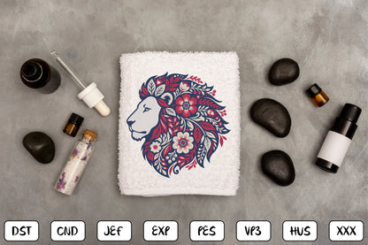 Floral Lion Embroidery Design – Majestic Lion & Botanical Flower Machine Embroidery Pattern, Wild Animal Floral Embroidery Design