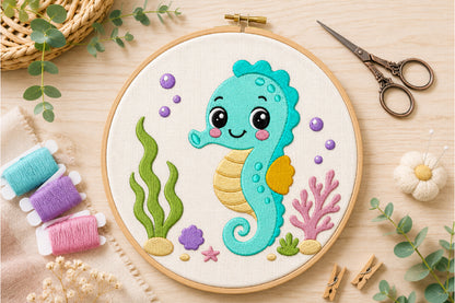 Cute Seahorse Embroidery Design – Adorable Ocean Seahorse Machine Embroidery Pattern, Sea Life Embroidery Design