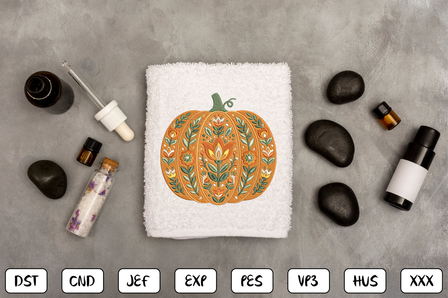 Floral Pumpkin Embroidery Design – Elegant Pumpkin & Botanical Flower Machine Embroidery Pattern, Autumn Fall Floral Embroidery Design