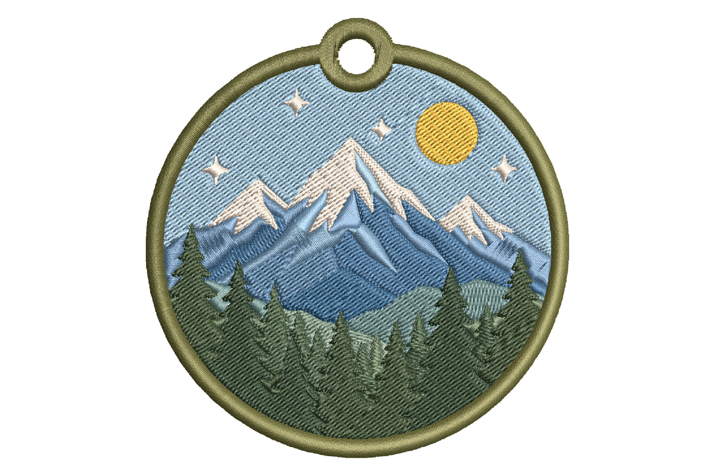 Mountain Keychain Embroidery Design – Scenic Mountain Landscape Machine Embroidery Pattern, Outdoor Adventure Key Fob & Bag Charm Embroidery Design