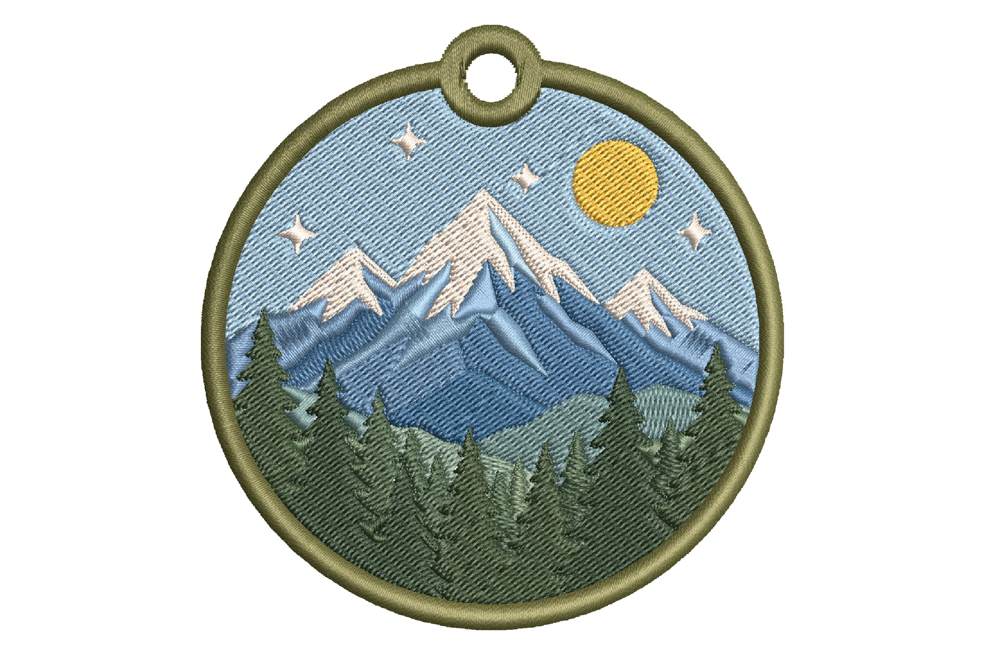 Mountain Keychain Embroidery Design – Scenic Mountain Landscape Machine Embroidery Pattern, Outdoor Adventure Key Fob & Bag Charm Embroidery Design