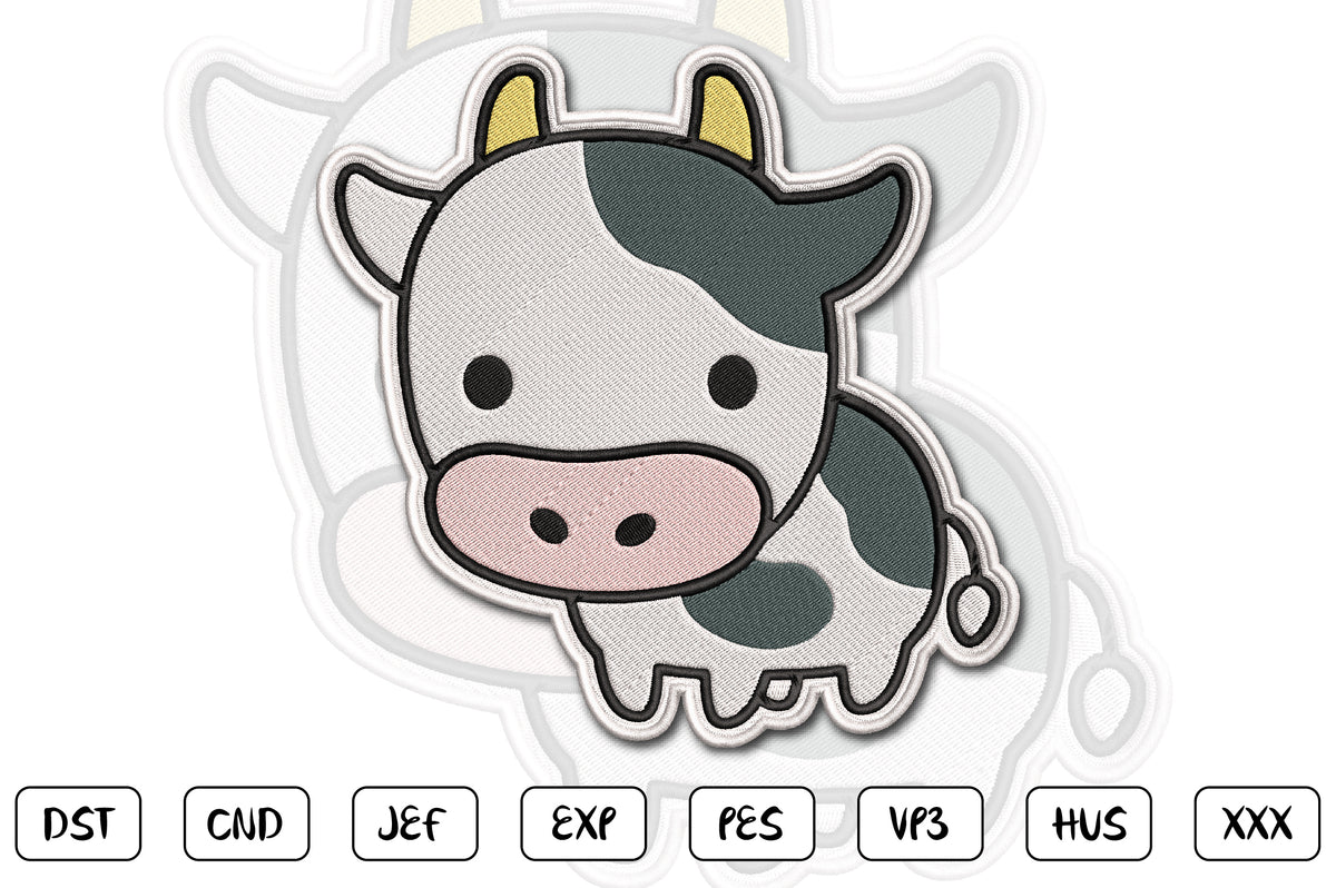 Cute Cow Patch Embroidery Design, Adorable Kawaii Cow Machine Embroidery Pattern, Cute Farm Animal Embroidery Patch Design