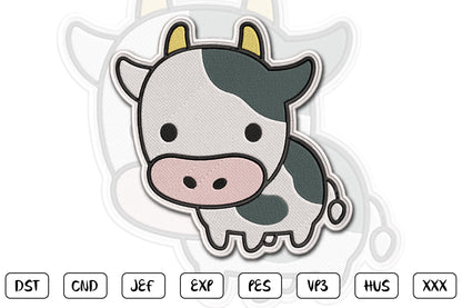 Cute Cow Patch Embroidery Design, Adorable Kawaii Cow Machine Embroidery Pattern, Cute Farm Animal Embroidery Patch Design