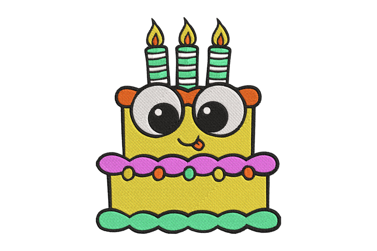 Cute Birthday Cake Embroidery Design, Adorable Kawaii Birthday Cake Machine Embroidery Pattern, Funny Cake with Candles Embroidery Design
