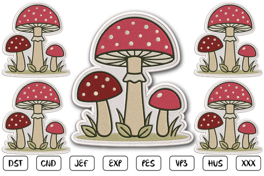 Mushroom Trio Patch Embroidery Design, Cute Woodland Mushroom Machine Embroidery Pattern, Red Mushroom Patch Embroidery Design,
