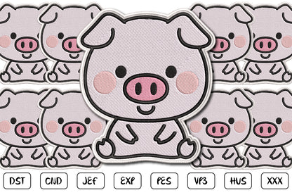 Cute Pig Patch Embroidery Design, Adorable Kawaii Pig Machine Embroidery Pattern, Funny Farm Animal Pig Embroidery
