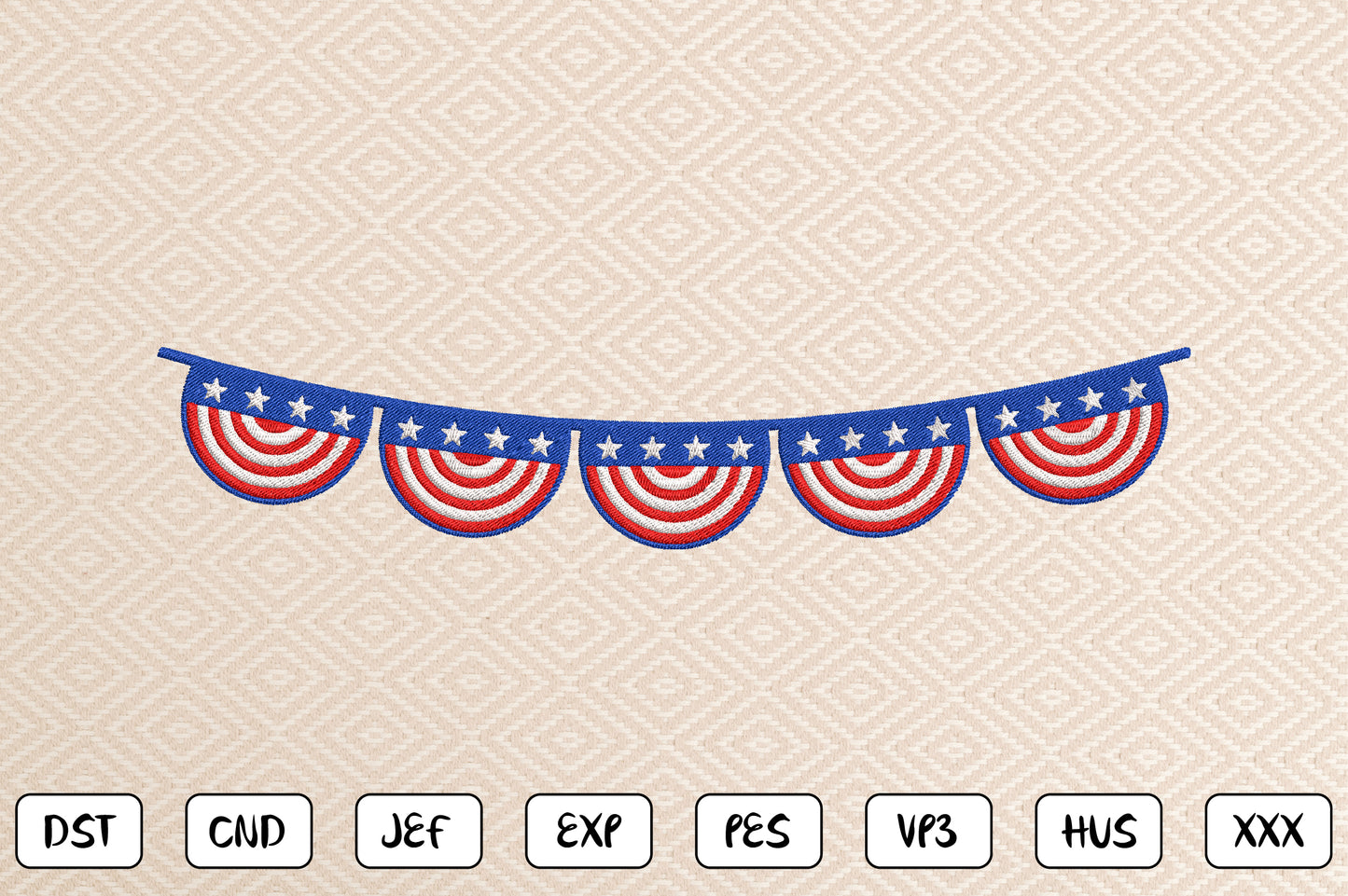 4th of July Bunting Embroidery Design, Patriotic American Flag Banner Machine Embroidery Pattern, Red White Blue Star Bunting Embroidery Design