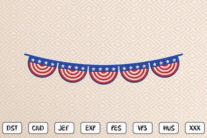 4th of July Bunting Embroidery Design, Patriotic American Flag Banner Machine Embroidery Pattern, Red White Blue Star Bunting Embroidery Design