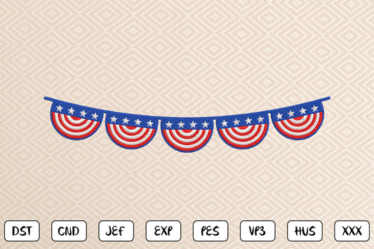 4th of July Bunting Embroidery Design, Patriotic American Flag Banner Machine Embroidery Pattern, Red White Blue Star Bunting Embroidery Design