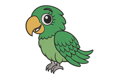Cute Parrot Embroidery Design, Adorable Green Parrot Machine Embroidery Pattern, Kawaii Tropical Bird Embroidery Design