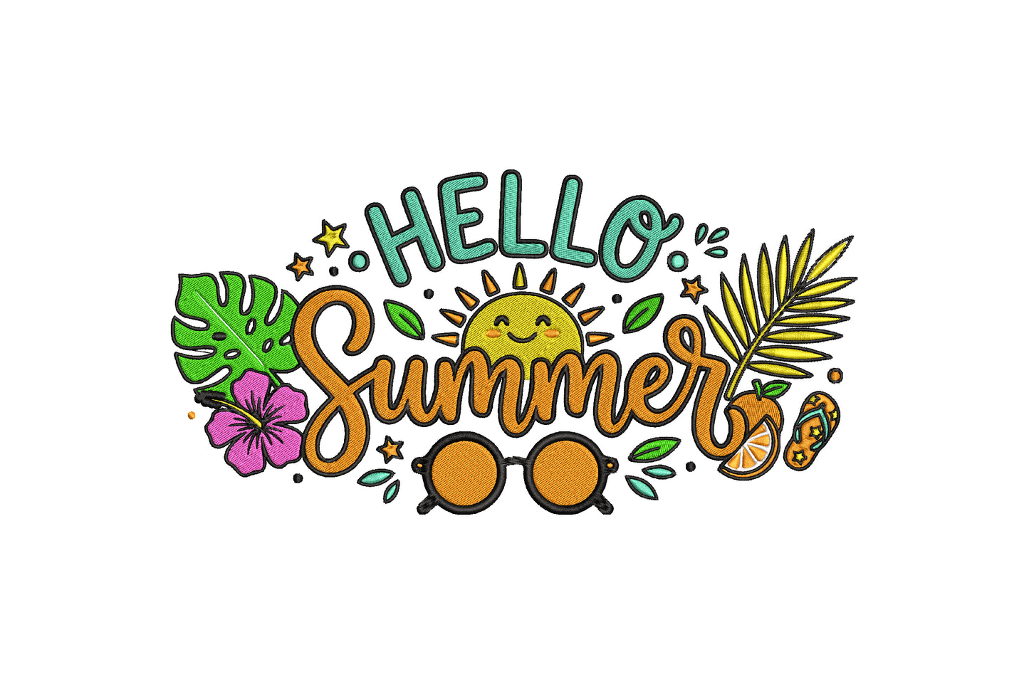 Hello Summer Embroidery Design, Tropical Leaves Summer Machine Embroidery Pattern, Cute Beach Vacation Embroidery Design