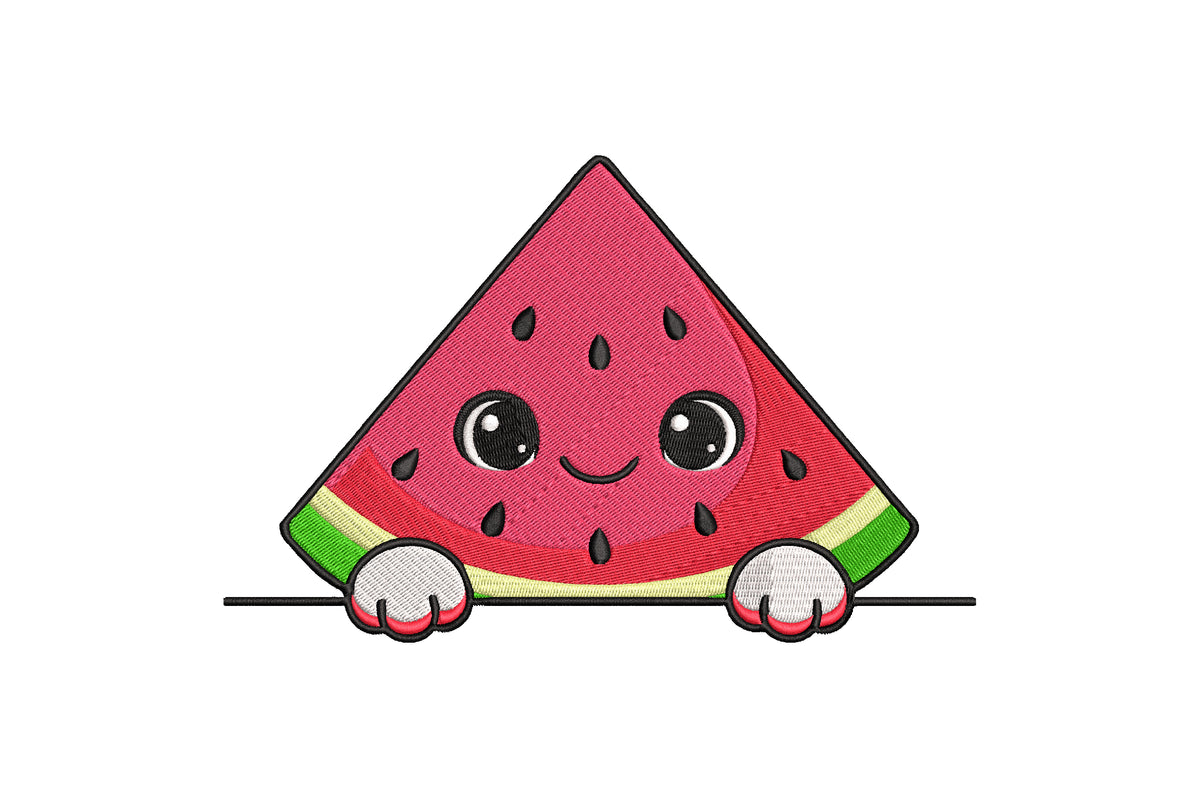 Kawaii Peeking Watermelon Embroidery Design, Cute Watermelon Machine Embroidery Pattern, Adorable Kawaii Fruit Embroidery Design