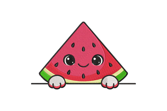 Kawaii Peeking Watermelon Embroidery Design, Cute Watermelon Machine Embroidery Pattern, Adorable Kawaii Fruit Embroidery Design