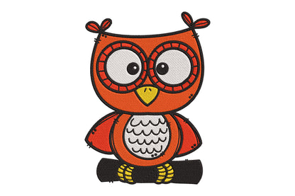 Cute Owl Embroidery Design, Adorable Kawaii Owl Machine Embroidery Pattern, Funny Orange Owl Embroidery Design