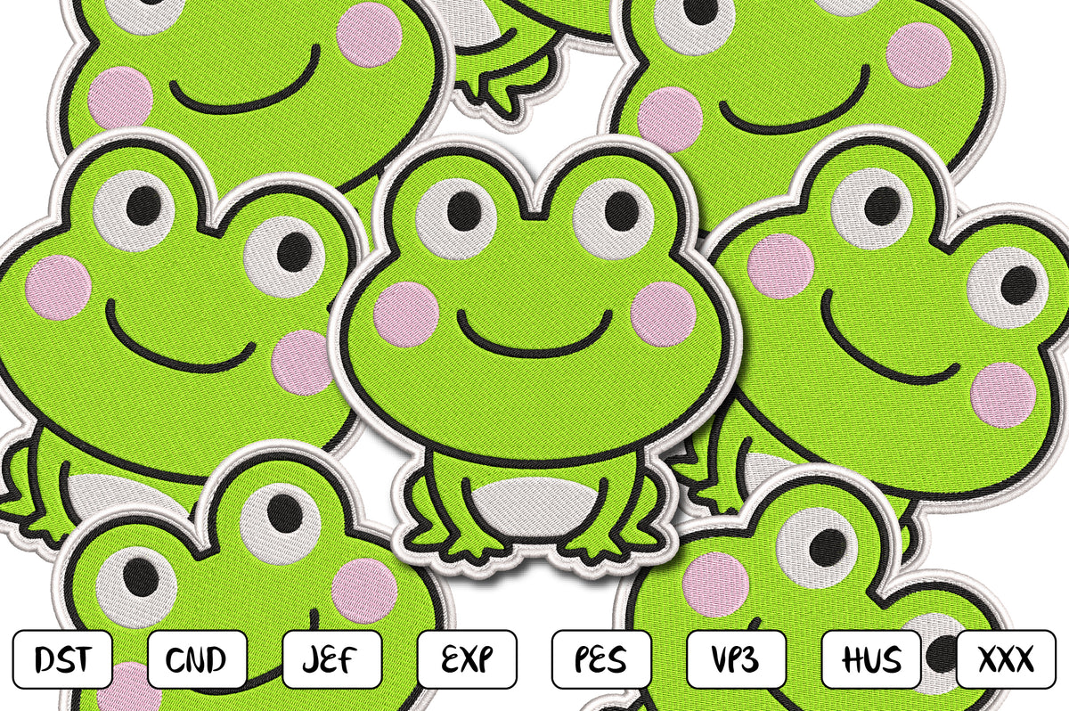 Cute Frog Patch Embroidery Design, Adorable Kawaii Frog Machine Embroidery Pattern, Cute Green Frog Embroidery