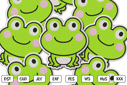 Cute Frog Patch Embroidery Design, Adorable Kawaii Frog Machine Embroidery Pattern, Cute Green Frog Embroidery