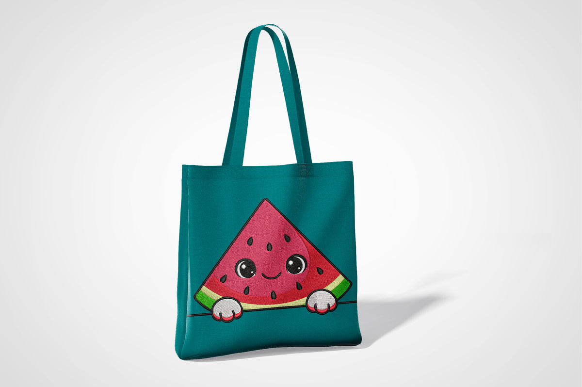 Kawaii Peeking Watermelon Embroidery Design, Cute Watermelon Machine Embroidery Pattern, Adorable Kawaii Fruit Embroidery Design