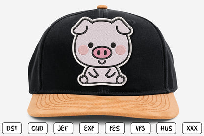 Cute Pig Patch Embroidery Design, Adorable Kawaii Pig Machine Embroidery Pattern, Funny Farm Animal Pig Embroidery