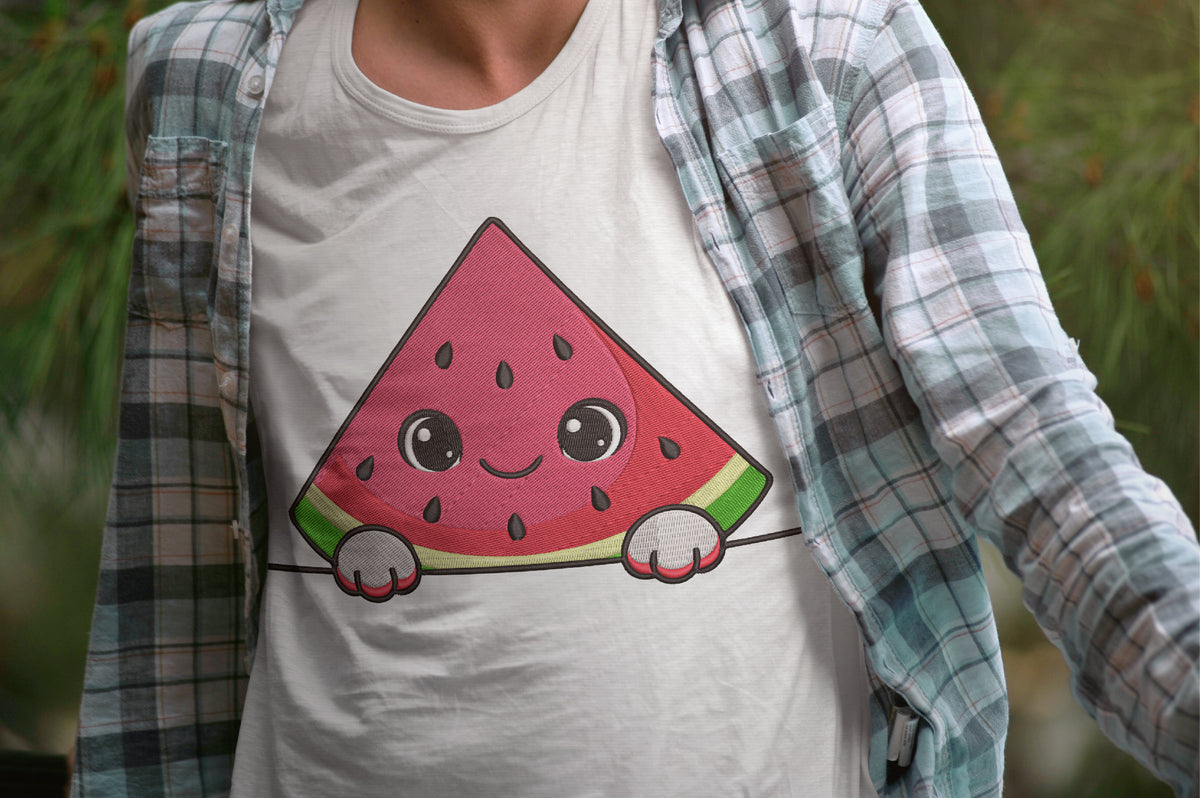 Kawaii Peeking Watermelon Embroidery Design, Cute Watermelon Machine Embroidery Pattern, Adorable Kawaii Fruit Embroidery Design