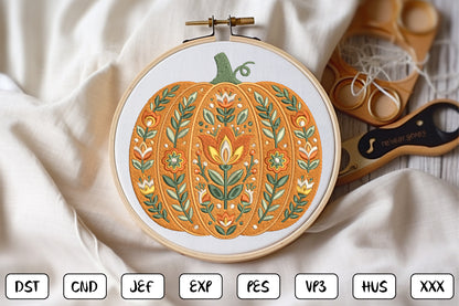 Floral Pumpkin Embroidery Design – Elegant Pumpkin & Botanical Flower Machine Embroidery Pattern, Autumn Fall Floral Embroidery Design