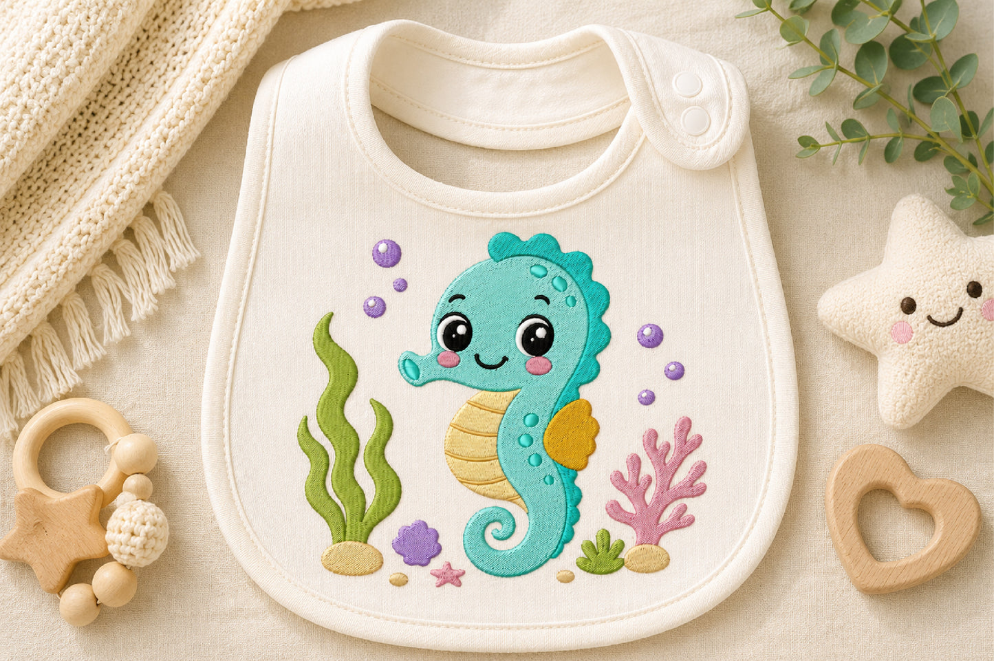 Cute Seahorse Embroidery Design – Adorable Ocean Seahorse Machine Embroidery Pattern, Sea Life Embroidery Design