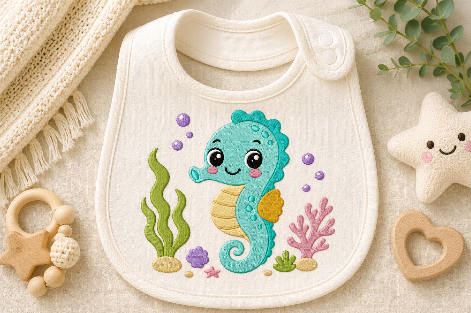 Cute Seahorse Embroidery Design – Adorable Ocean Seahorse Machine Embroidery Pattern, Sea Life Embroidery Design