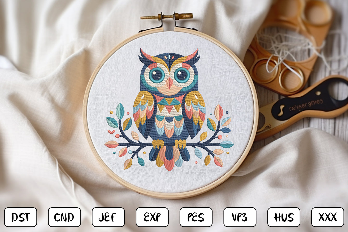 Woodland Owl Embroidery Design – Cute Forest Owl Machine Embroidery Pattern, Rustic Woodland Animal Embroidery Design