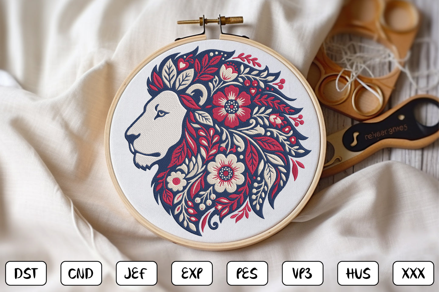 Floral Lion Embroidery Design – Majestic Lion & Botanical Flower Machine Embroidery Pattern, Wild Animal Floral Embroidery Design