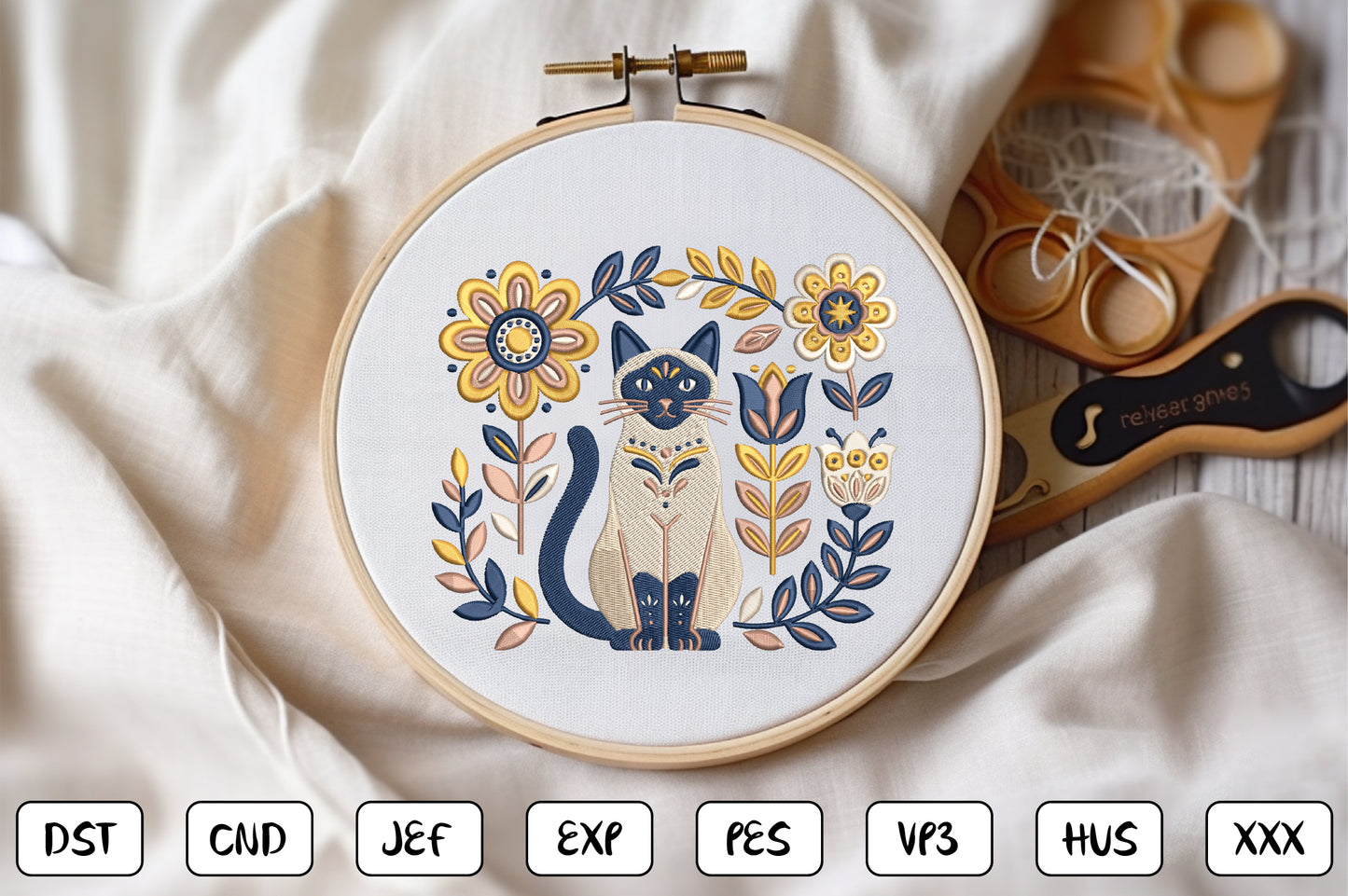 Boho Cat Floral Embroidery Design – Cute Bohemian Cat & Flower Machine Embroidery Pattern, Botanical Kitty Embroidery Design