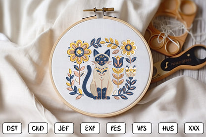 Boho Cat Floral Embroidery Design – Cute Bohemian Cat & Flower Machine Embroidery Pattern, Botanical Kitty Embroidery Design