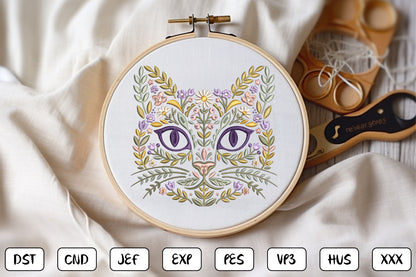 Floral Cat Face Embroidery Design – Cute Cat Face & Flower Machine Embroidery Pattern, Botanical Kitty Embroidery Design