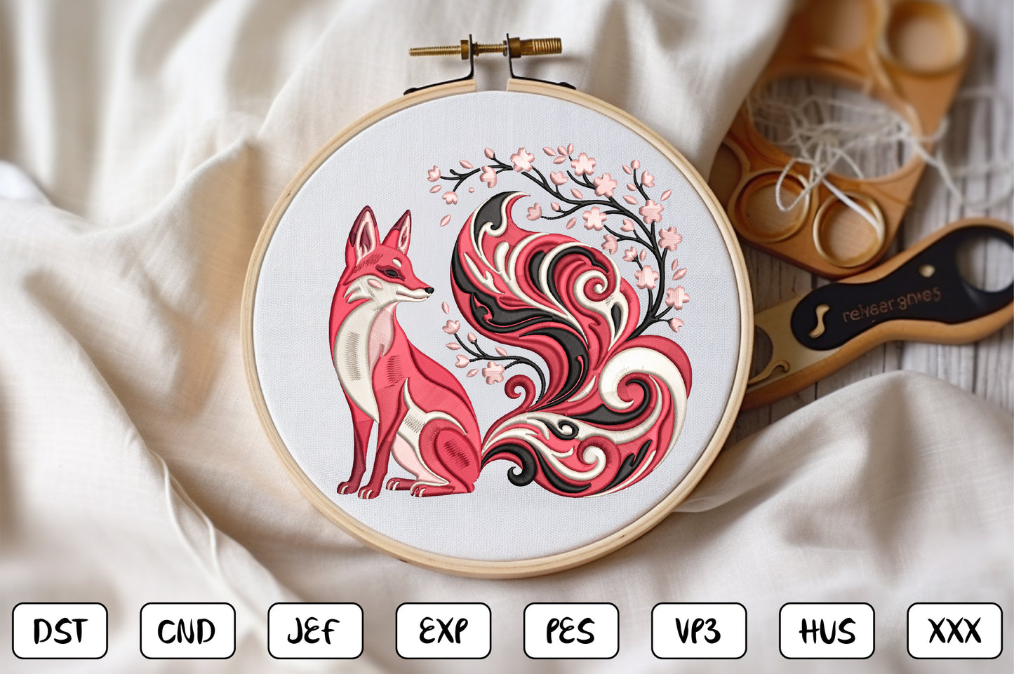 Cherry Blossom Fox Embroidery Design – Cute Woodland Fox & Sakura Floral Machine Embroidery