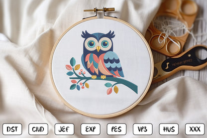Cute Owl Embroidery Design – Adorable Woodland Owl Machine Embroidery Pattern, Sweet Forest Bird Embroidery Design