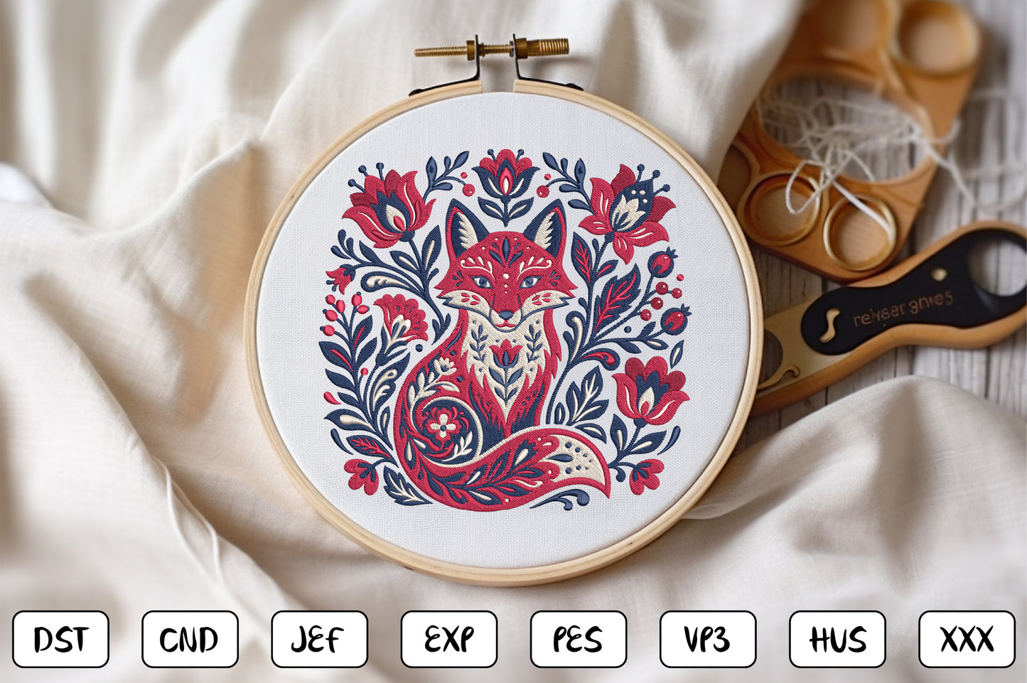 Floral Fox Embroidery Design – Cute Fox & Botanical Flower Machine Embroidery Pattern, Woodland Animal Embroidery Design