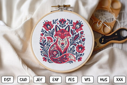 Floral Fox Embroidery Design – Cute Fox & Botanical Flower Machine Embroidery Pattern, Woodland Animal Embroidery Design