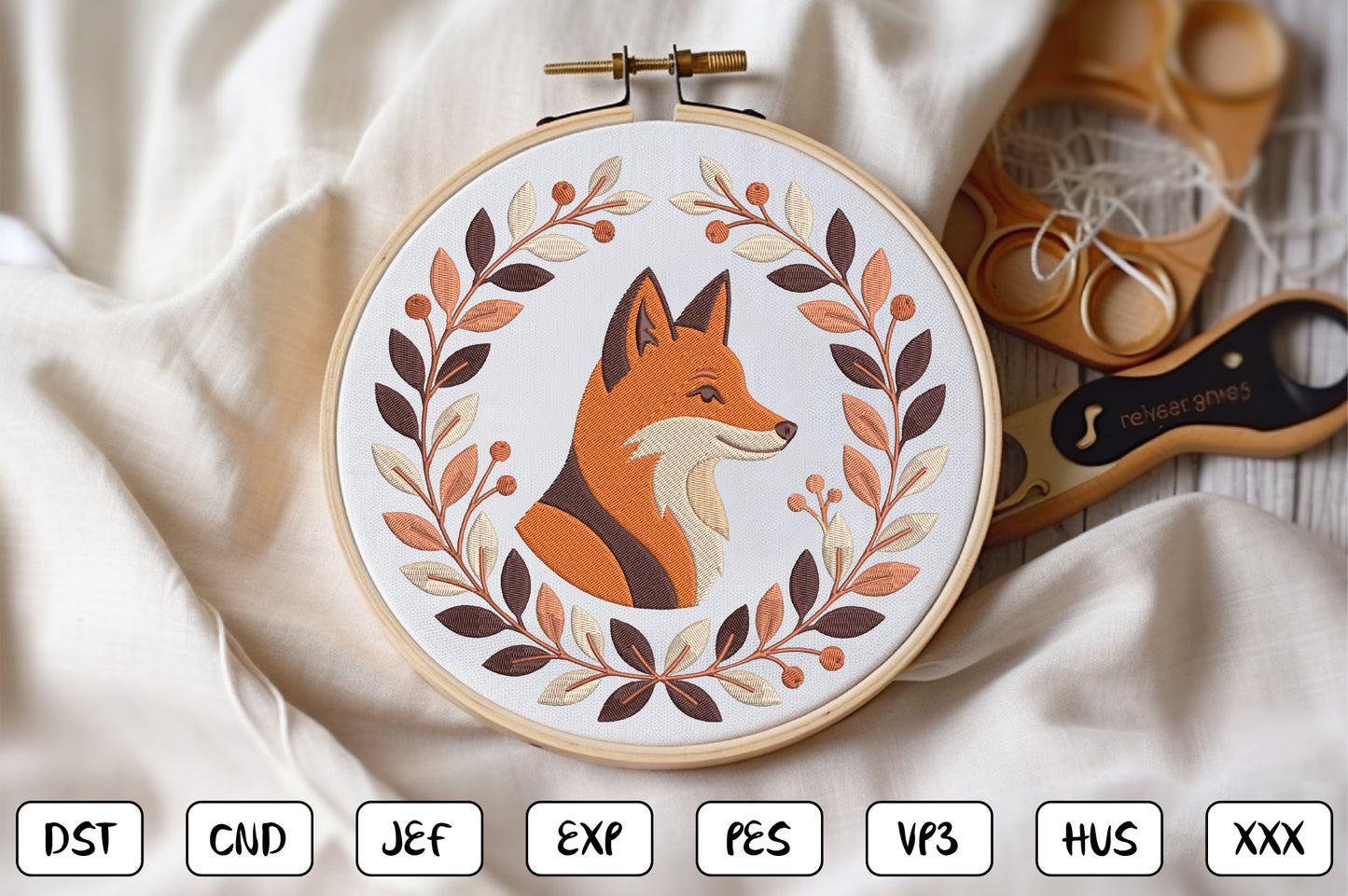 Fox Floral Embroidery Design – Beautiful Fox & Botanical Flower Machine Embroidery Pattern, Woodland Animal Floral Embroidery Design