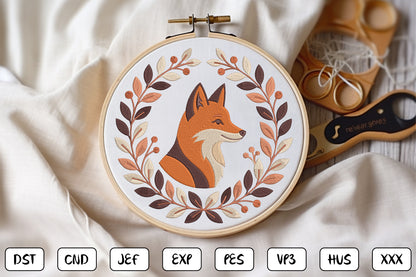 Fox Floral Embroidery Design – Beautiful Fox & Botanical Flower Machine Embroidery Pattern, Woodland Animal Floral Embroidery Design